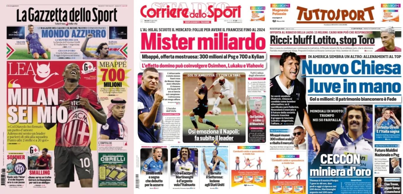 Wtorkowe Okladki Wloskiej Prasy Sportowej Leao Wyznaje Milosc Chiesa Sie Odradza Miliarder Mbappe
