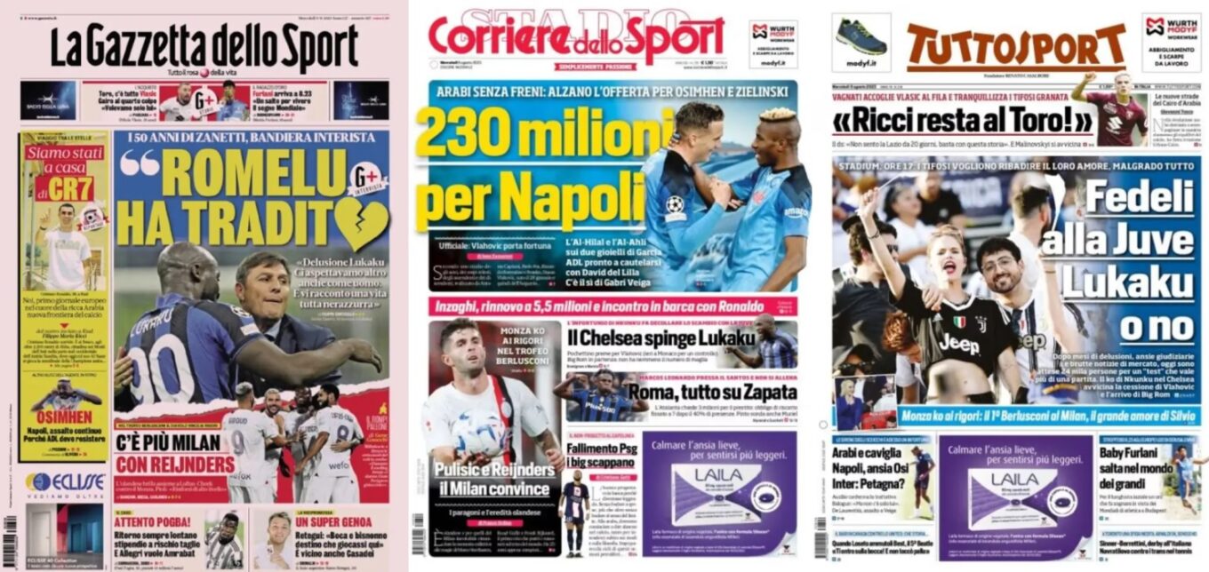 Srodowe Okladki Wloskiej Prasy Sportowej 230 Milionow Dla Napoli Za Osimhena I Zielinskiego